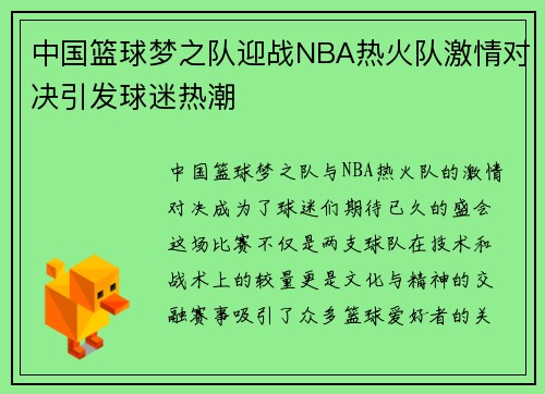 中国篮球梦之队迎战NBA热火队激情对决引发球迷热潮